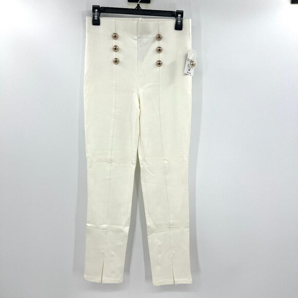 NWT Forever 21 Ivory White Gold Button Nautical Stretch Pants Women's Medium - Picture 1 of 6